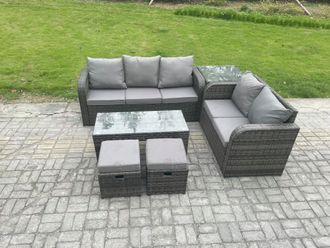 Fimous Outdoor Rattan Garden Furniture Set Patio Lounge Sofa Set with Coffee Table Side Table 2 Footstools Dark Grey Mixed