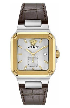 Versace Greca Edge Two-Tone Leather Strap Watch, 38mm x 49mm in Two Tone at Nordstrom