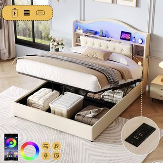 Matteo 4ft6 Double Upholstered Beige Storage Bed Frame with LED & Charging
