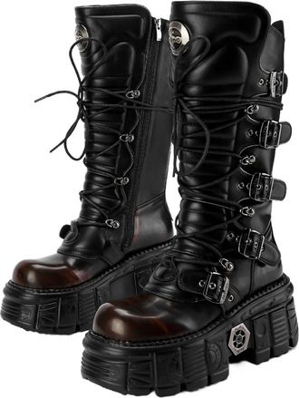 Generic Dark Punk Style Metal Tank Thick-Soled Lace-Up Mid-Calf Boots Gothic Style Hot Girl Design(Black red,US10)