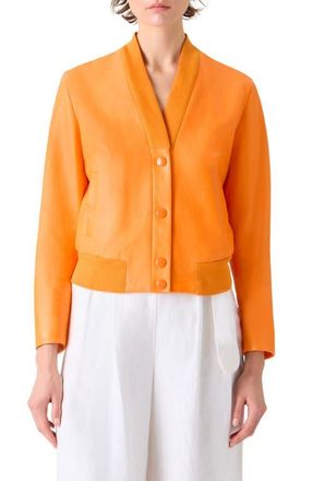 Akris Crinkle Napa Leather Bomber Jacket in Orange at Nordstrom, Size 10