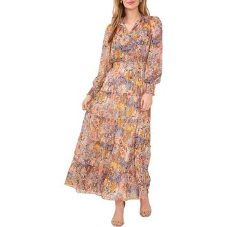 Chaus Floral Metallic Smocked Waist Long Sleeve Tiered Midi Dress in Ivory/multi at Nordstrom, Size Medium