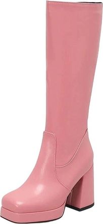 Generic Womens Glossy Patent Leather Knee Boots Square Toe Platform Ultra-High Thick Heel Winter Long Boots