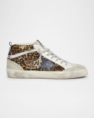 Golden Goose Mid Star Leopard-Print Leather Sneakers