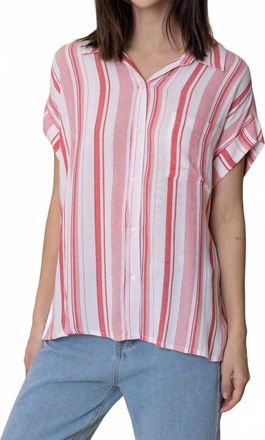 En Cr&egrave;me Striped Short Sleeve Button Down Top In White Red Stripe