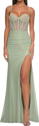 La Femme Metallic Net Jersey Illusion Top Prom Dress In Sage
