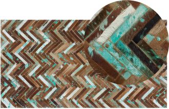 Beliani Alfombra De Piel De Vaca Multicolor Marr&oacute;n Azul 80 X 150 Cm Fabricada A Mano Patr&oacute;n Chevron Amasya