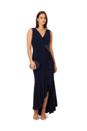 Adrianna Papell Womens Studio Ruffle Flounce Jersey Gown - Blue - Size 8 UK