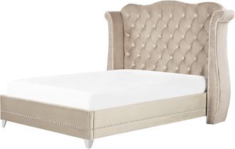 Beliani Beliani - Cama Con Somier De Terciopelo Beige 140 X 200 Cm Listones Cabecero Capiton&eacute; Ayette