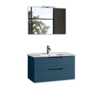 Aquadesign Mueble de ba&ntilde;o con espejo de 4 piezas en mdf azul