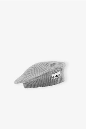 Ganni Grey Wool Rib Knit Beret