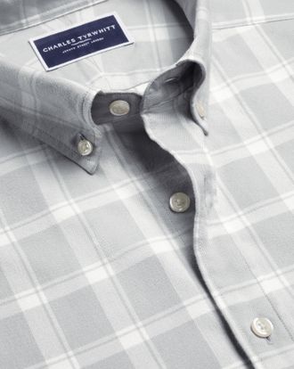 CHARLES TYRWHITT Brushed Flannel Check Cotton Shirt - Light Grey Size XL by Charles Tyrwhitt