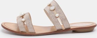 Rene Caovilla Ren&eacute; Caovilla Beige Suede Crystal Embellished Slide Flat Sandals