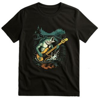 Generic Bass Fish Playing Bass Guitar T-Shirt Funny Musician Tee Guitarist Gift for Men Women Black