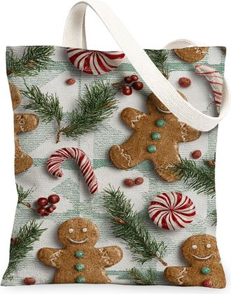 Generic Christmas Gingerbread Canvas Tote Bags, Biscuits Pattern Reusable Grocery Bags, Vintage Linen Washable Shoulder Strap for O, Brown, 13x15 Inch