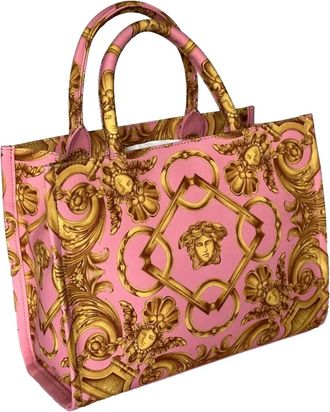 Versace Womens Pastel Signature Print Small Canvas Tote Bag In Pink