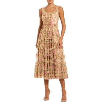 Mac Duggal Floral Printed Sleeveless Ruffle Midi Dress in Beige Multi at Nordstrom, Size 16