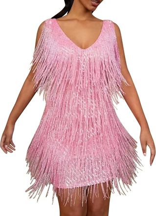 Generic 20s Dress Womens Gatsby 1920s Dresses Fringe Dress Green Gold Flapper Dress Short Charleston Costume Sequin Dress V Neck Fancy Dress Fringe Carnival, 