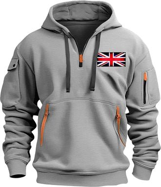Generic Today Deals Mens Hoodies UK Casual Long Sleeve 1/4 Zip Up Drawstring Sweatshirt Funny Solid Color Flag Printed Pullover Tops Winter Oversized Warm Jum