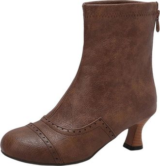 Generic Coffee Womens Round Toe Ankle Boots with Zipper High Heel Style for Winter Casual Wear Pu Leather Comfortable and Versatile