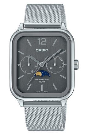 Casio Moonphase Mesh Strap Watch, 44.5mm x 34mm in Silver at Nordstrom