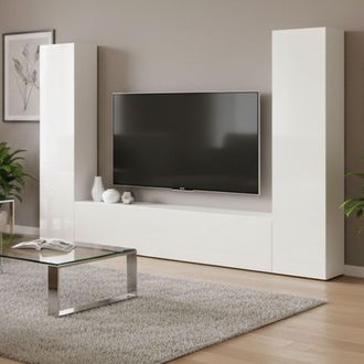 Dmora Pared Equipada Ddurmis, Conjunto De Sal&oacute;n Mueble De Tv Con 3 Puertas, Mueble De Sal&oacute;n Polivalente, 100% Made In Italy, Cm 260x30h180, Blanco Brillante