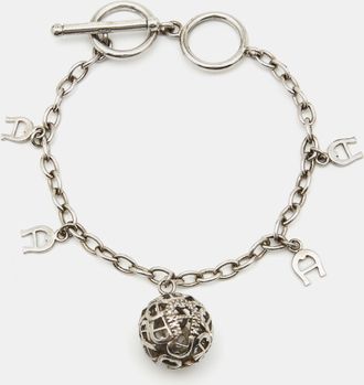Aigner Sterling Silver Crystal Logo Charm Bracelet