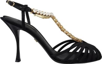 Dolce & Gabbana Kristal T-Strap Sandaal Schoenen - Dames - Sandalen met hakken - Zwart - 35 1/2 EU - Satijn - Schoenen