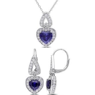 Delmar Lab-Grown Sapphire & White Topaz Heart Drop Earrings & Pendant Necklace Set in Blue at Nordstrom Rack