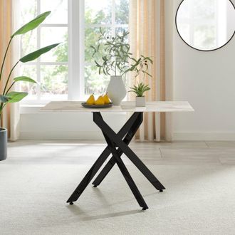 Furniturebox Leonardo 4-Seater Dining Table With Marble Effect Glass Top & Black Metal Legs in White