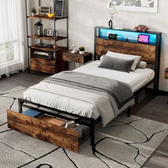 C&A 3FT Metal Bed with LED Strip,Drawer,2 USB&1 Type-C Ports,Sturdy Design for Teens&Adults,Black/Walnut