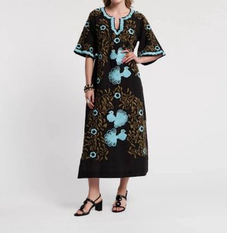 Frances Valentine Embroidered Charming Caftan Dress In Light Blue/ Black