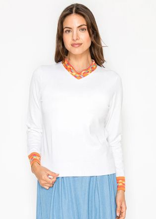YAL New York White V-Neck Knit with Contrast Trim
