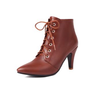 Generic Womens Ankle Boots Faux Leather Lace-Up Pointed Toe Stiletto Heels Metal Eyelets Slim Fit Soft Inner Lining Durable Non-Slip Outsole Sleek Design,Brow