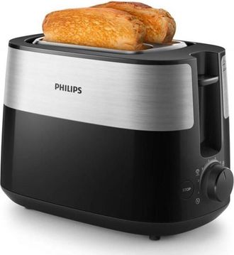 Philips Daily Collection Toaster, 2 toast slots, bun tray, metal, black (HD2516/90)