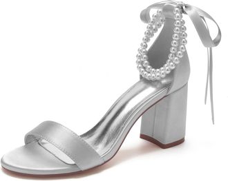 Generic Wedding Shoes Womens Open Toe Heels Bride High Heels Sandals Satin Bridal Chunky Heels Ankle Strap Evening Party 8Cm,Silver,10 UK