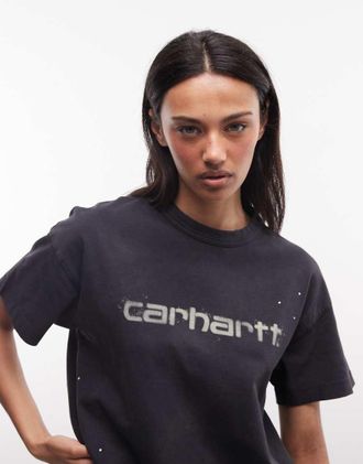 Carhartt Work in Progress T-shirt nera con logo effetto schizzi di vernice-Nero