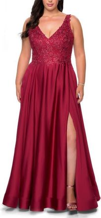 La Femme A-line Plus Size Dress with Rhinestone Lace Bodice in Wine at Nordstrom, Size 12W