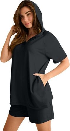 Roaman's Plus Size Comfort+ Fleece V Neck Hooded Sweatshirt in Black at Nordstrom, Size 12