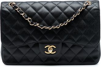 Chanel Pre-owned Womens Jumbo Classic Caviar Double Flap - Black Leather - One Size