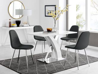Furniturebox Atlanta White High Gloss & Chrome 4 Seater Dining Table with X Shaped Legs & 4 Faux Leather Corona Chairs in Black