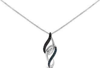 House of Brilliance Sterling Silver 1/4 Cttw Black Blue White Diamond Linear Swirl Pendant Necklace