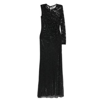 Self Portrait Gowns, female, Black, Size: XS One-Shoulder Long Dress with Rhinestone Lace Sleeve