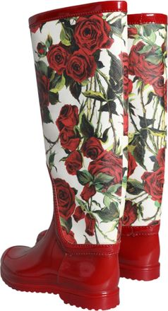 Dolce & Gabbana Womens Red Floral Rubber Knee High Flat Boots Shoes