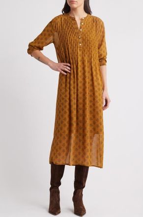 Treasure & Bond Floral Print Long Sleeve Midi Dress in Brown- Navy Sprout Ditsy at Nordstrom, Size X-Small