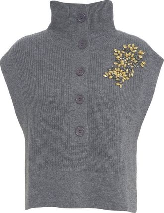 Liu Jo Sleeveless Knitted Vest With High Buttoned Collar And Rhinestone Accent
