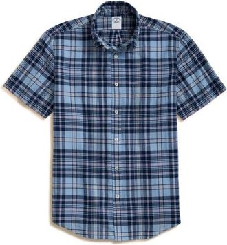 Brooks Brothers Regular Fit Madras Plaid Short Sleeve Cotton Button-Down Shirt in Light Blue Multi at Nordstrom, Size Xx-Large