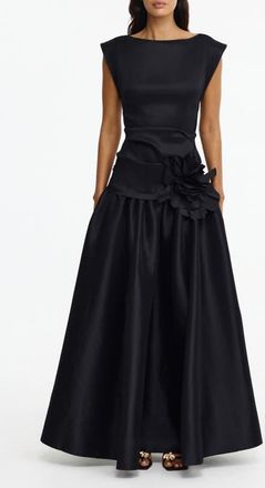 Acler Delph Ruched Floral Appliqu&eacute; Satin Drop Waist Gown in Black at Nordstrom, Size 10