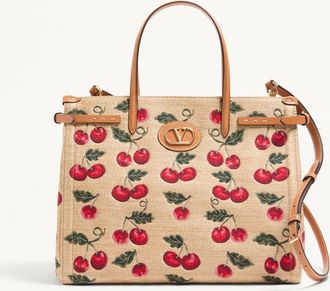 Valentino Garavani Valentino Garavani Antibes Medium Shopping Bag In Jacquard Raffia With Cherryfic Motif Wo