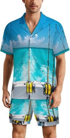 Generic Fishing Rod And Reel Mens Pyjamas Set Short Sleeve Shirt And Shorts PJs Sleepwear Loungewear Summer M